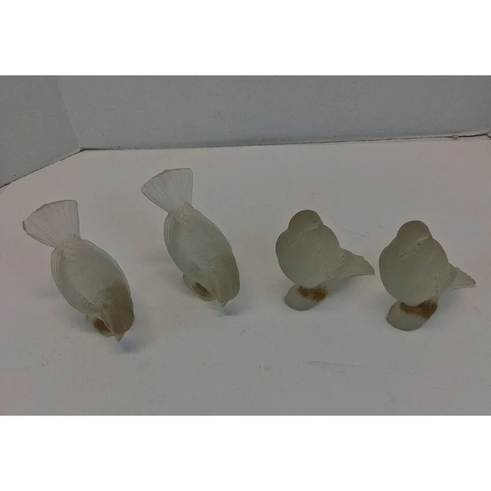 VTG Frosted Glass Bird Figurines Set of 4 Dove Sparrow Pigeon Art Glass 1960-80s
